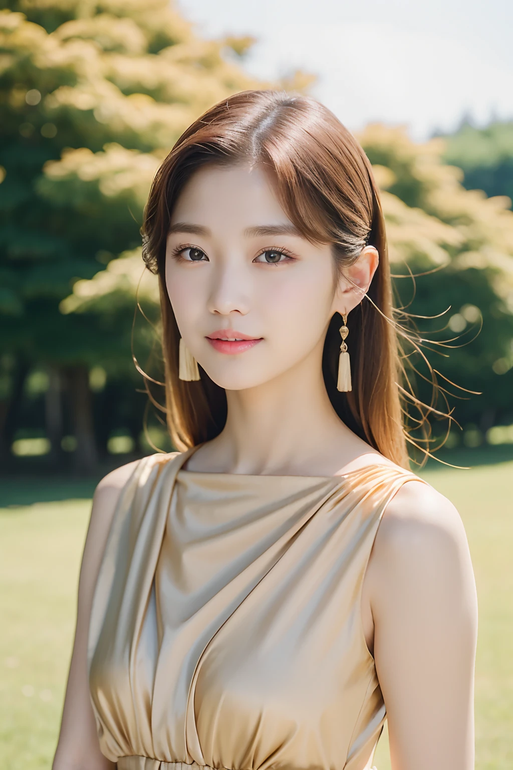 a woman with long hair and a beige dress posing for a picture, popular south korean makeup, popular korean makeup, lalisa manobal, park ji-min, jaeyeon nam, lee ji-eun, lee ji - eun, sun yunjoo, jinyoung shin, cute korean actress, hwang se - on, heonhwa choe