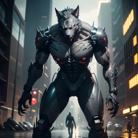 Cyborg werewolf with robotic prosthetics cyberpunk style photorealistic scanning to 16 HD ultra-realistic hyperrealistic fighting in the rainy streets of the abandoned city of Neo Tokyo blue gray image