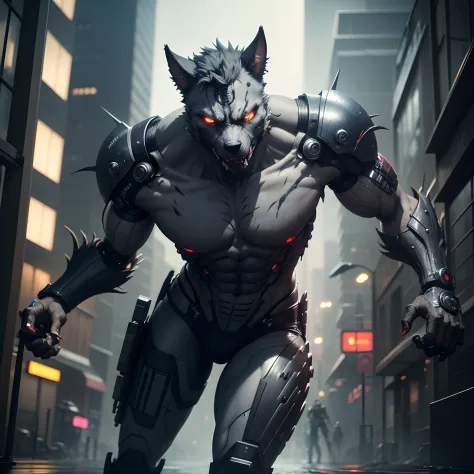 Cyborg werewolf with robotic prosthetics cyberpunk style photorealistic scanning to 16 HD ultra-realistic hyperrealistic fighting in the rainy streets of the abandoned city of Neo Tokyo blue gray image
