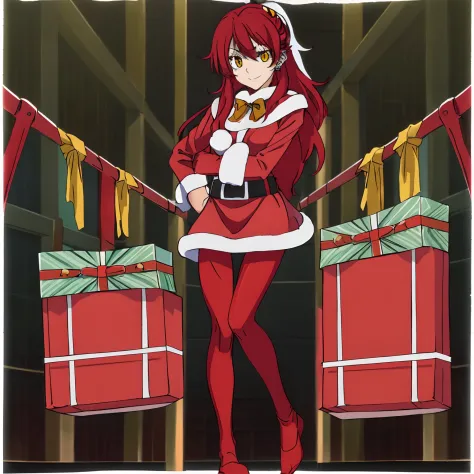 masutepiece,High quality,Solo,
Looking at Viewer,Smile,
Nena Trinity,1girl in,
Long hair,two side up,Red hair,earrings,Yellow eyes,
((Santa Claus clothes))、((pantyhose)),Full body,