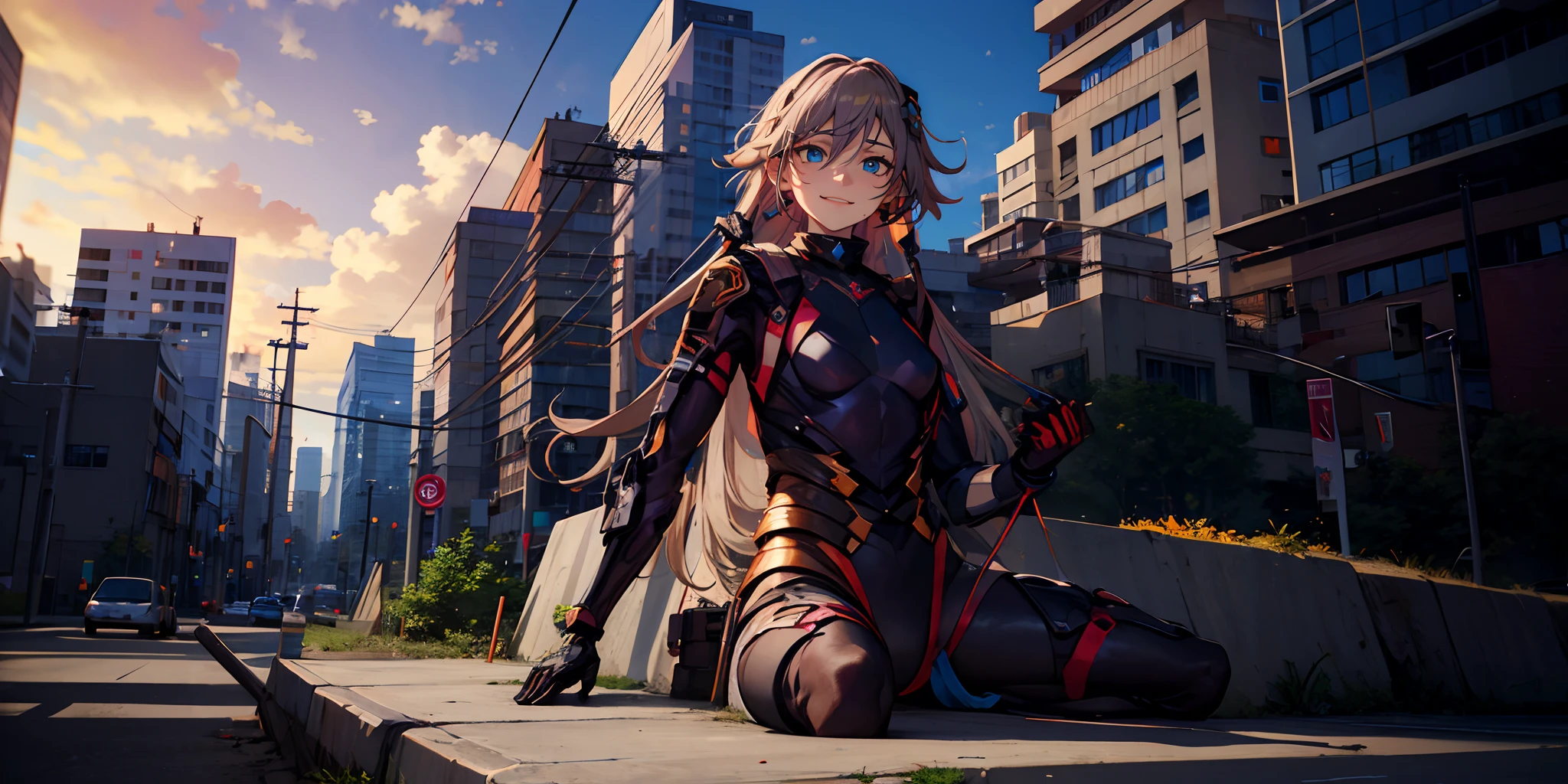 (grey hair, long hair:1.6), blue eyes, 1girl, bodysuit, 1girl, plugsuit, sky, cloud, skyscraper, outdoors, holding, solo, building, power_lines, gloves, breasts, can, two_side_up, orange_hair, sitting, sunset, pilot_suit, small_breasts, floating_hair, looking_at_viewer, interface_headset, full_body, day, closed_mouth, light_smile, cityscape, glow effects, godrays, Hand drawn, render, 8k, octane render, cinema 4d, blender, dark, atmospheric 4k ultra detailed, cinematic, Sharp focus, big depth of field, Masterpiece, colors, 3d octane render, 4k, concept art, trending on artstation, hyperrealistic, Vivid colors, extremely detailed CG unity 8k wallpaper, trending on CGSociety, Intricate, High Detail, dramatic, glowing eye