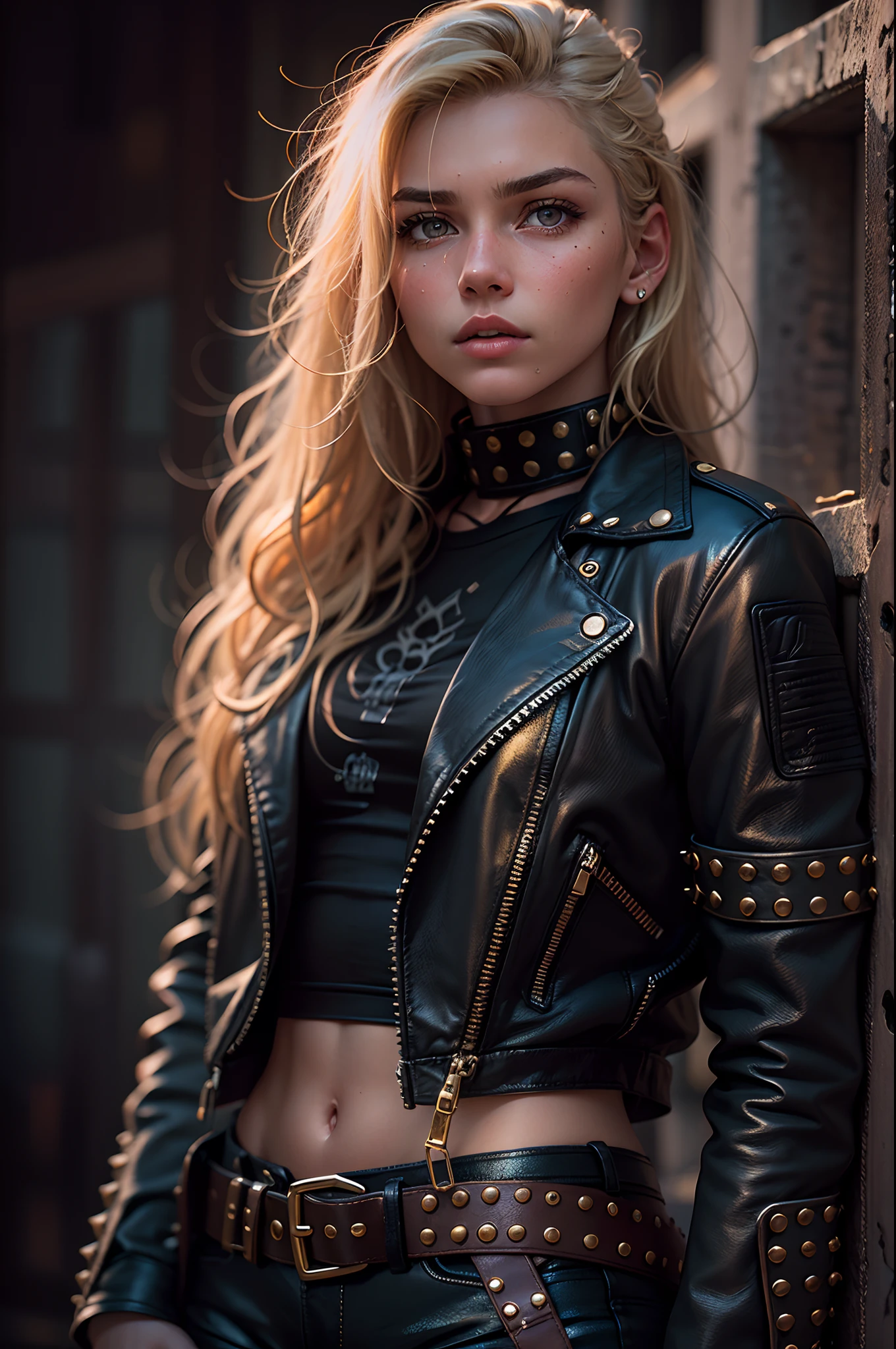 A close up of a woman in a leather jacket and leather pants - SeaArt AI