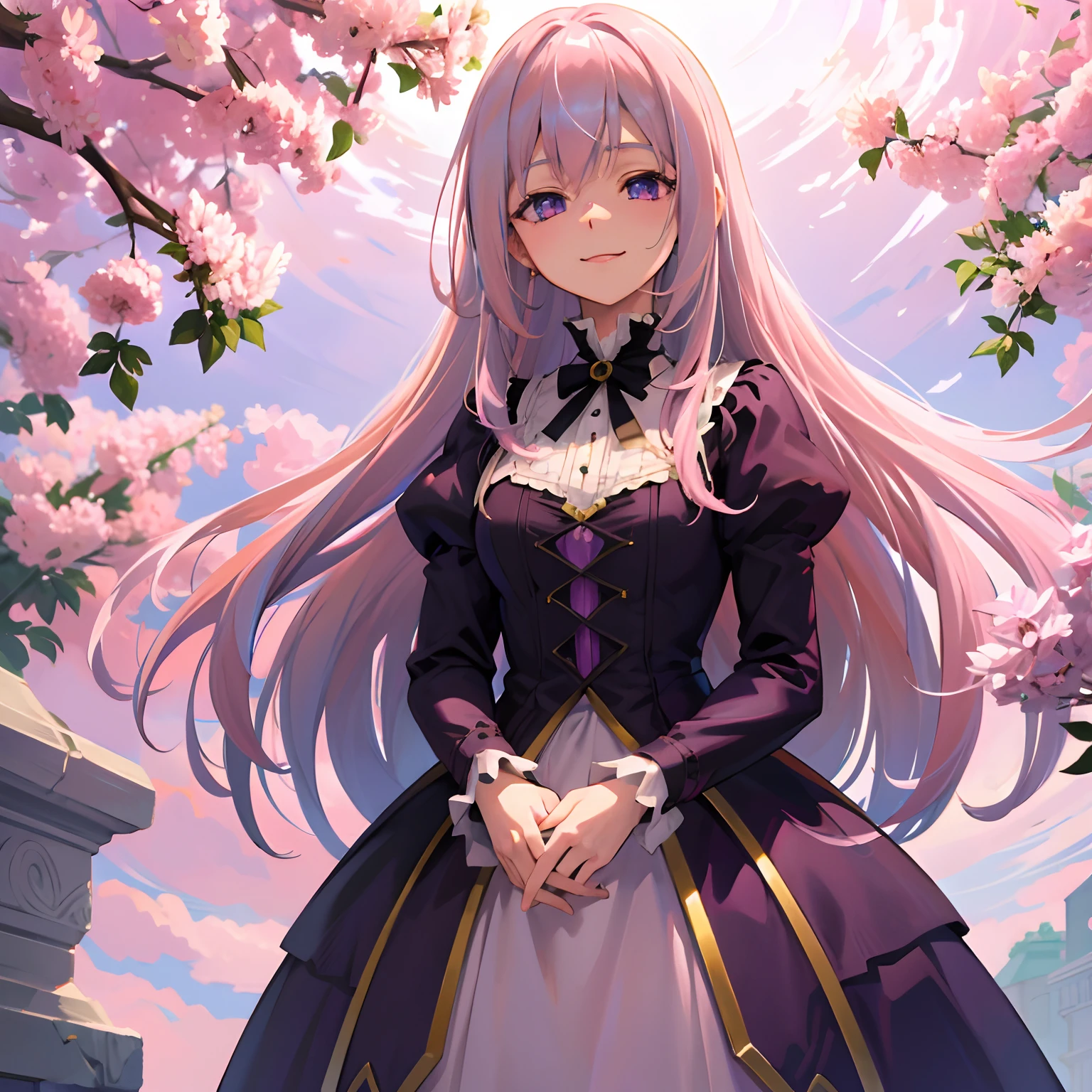 cheveux roses，longs cheveux violets，yeux violets，Robe Lolita noire et blanche, fille d&#39;anime extrêmement jolie, Haut du corps, fond de pissenlits,  souriant et heureux, Mignon, Meilleure qualité, lèvres douces et jolies,