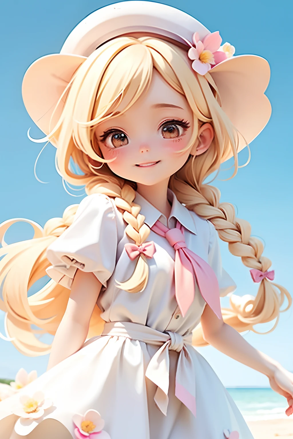 lolli girl in princess long blond dress with flower style, blond hair with braid, cute smile in happyface, cap, cute ribbons, necktie, photoshot, beach summer