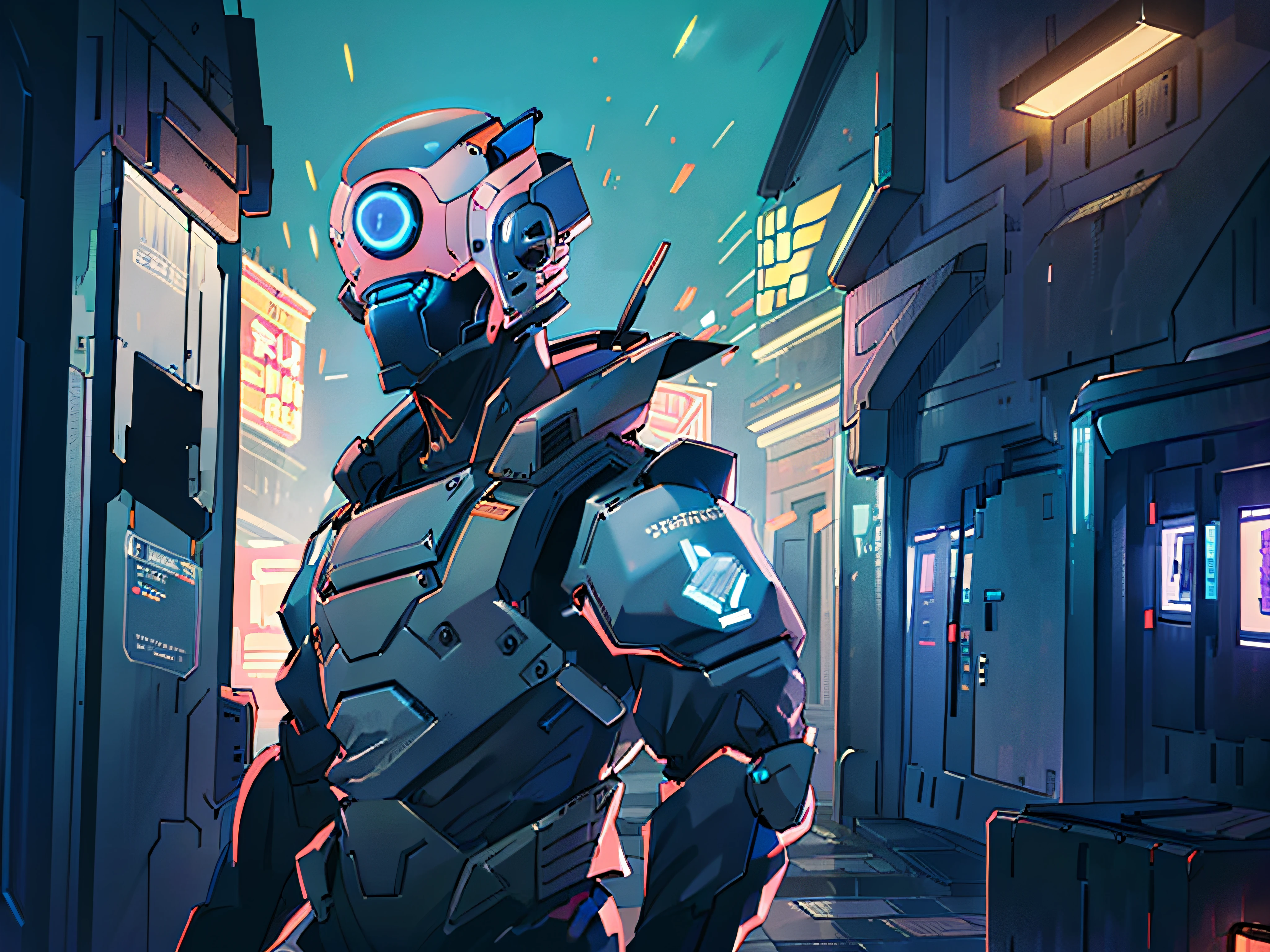 (Лучшее качество:0.8), (Лучшее качество:0.8), идеальная аниме-иллюстрация, Экстремальный портрет робота-солдата, идущего по городу, крупным планом