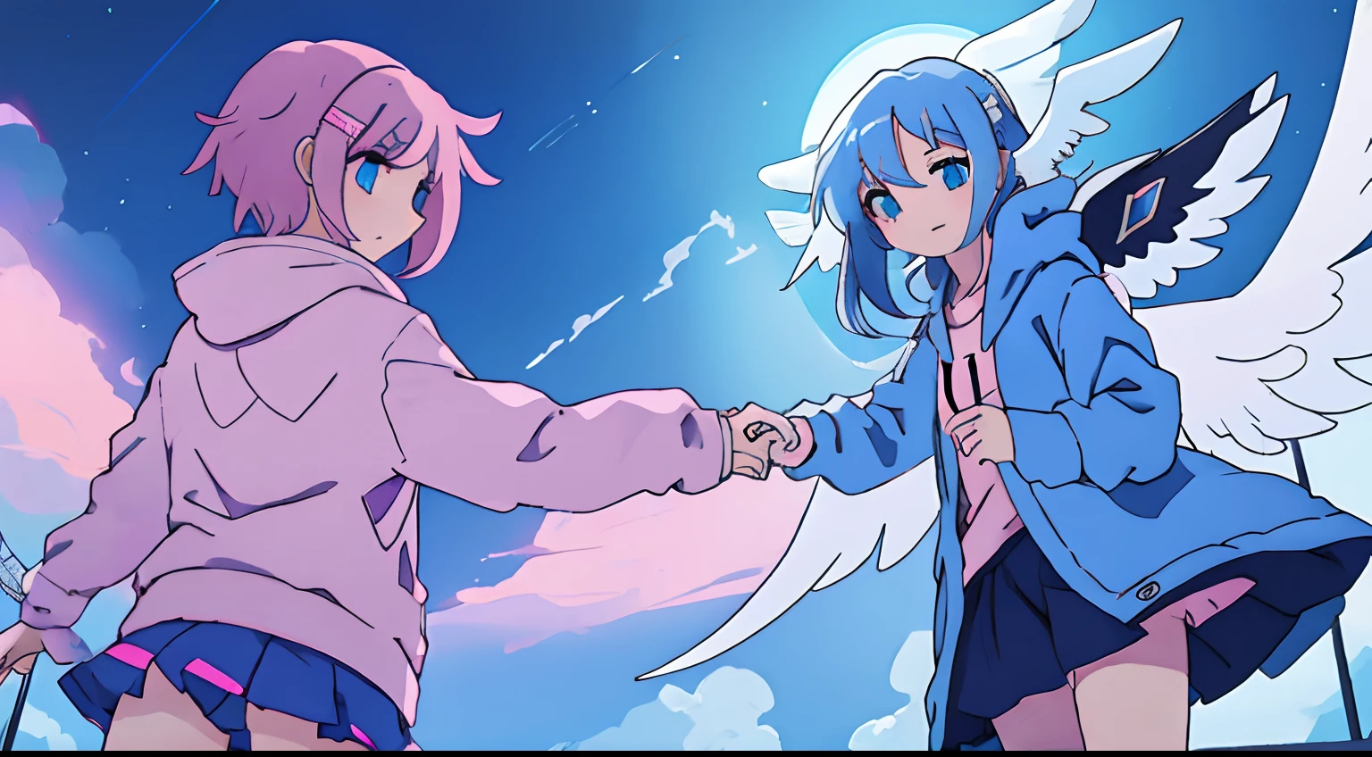 Anime characters shaking hands with each other in the sky - SeaArt AI