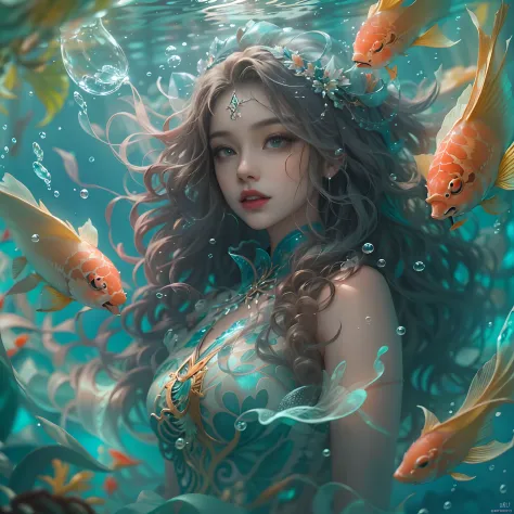 ModelShoot style, (Extremely detailed Cg Unity 8K wallpaper), 1 queen avatar，diadems，curlies，Long hair flowing in the water，Long...