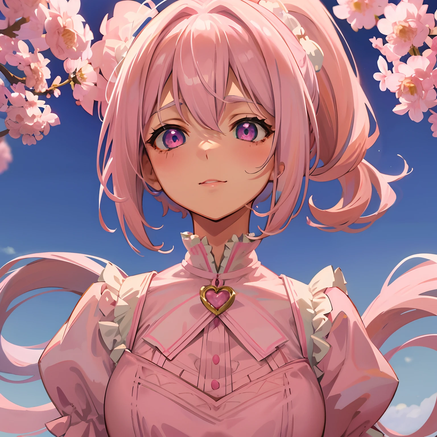 Pink hair，pink hair，double ponytail curls, pink eyes, white Lolita dress, extremely pretty anime girl, upper body, dandelions background, happy, cute, best quality, soft and pretty lips, bright face, just one girl,free style