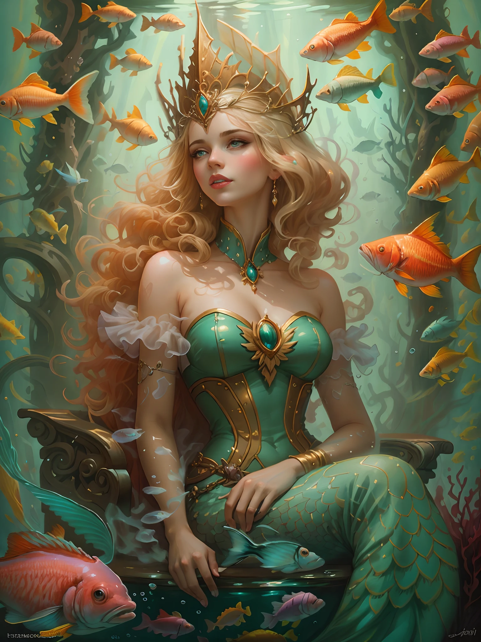 A woman sits on the throne of the palace，Beutiful women，Golden hair，（Beautiful bright eyes），Surrounded by fish and mirrors, Lots of fish，fish flocks，the reef，airbubble，sitting in his throne underwater, dan mumford tom bagshaw, jen bartel, portrait of mermaid queen, Fantasy art Behance, mohrbacher, Fantasy art style, Detailed fantasy illustration, A beautiful artwork illustration, fantasy art illustration, style of peter mohrbacher, peter mohrbacher''