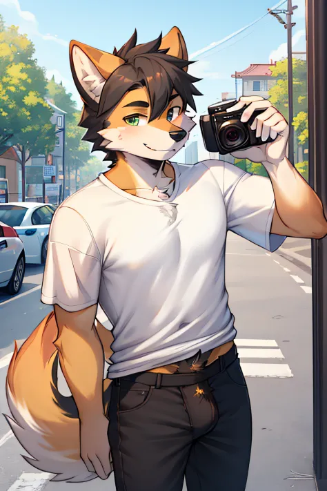 （Furry art， number art， furry anthro：1.5）， Doggy， male people， hairy pubic， anthropomorphic turtle， Wear casual clothes,short sleeve T-shirts，white  shirt，Black camera in hand， 独奏， do lado de fora ， Facial and upper body focus， looking at viewert，