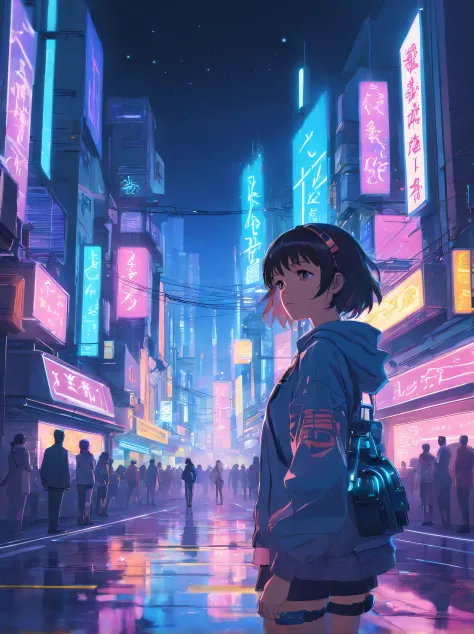 "Cyberpunk-inspired immersion, A world of neon lights, Be mesmerized by the surreal spectacle of planets dominating the skies, Full of captivating digital artistry."