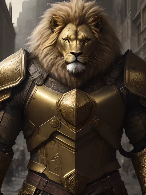 ，gold armor，metalictexture，Lion head,Hairy，strong muscular man, street angry, backpack, epic realistic, photo, faded, complex stuff around, intricate background, soaking wet, neutral colors, ((((hdr)))), ((((muted colors)))), intricate scene, artstation, i...