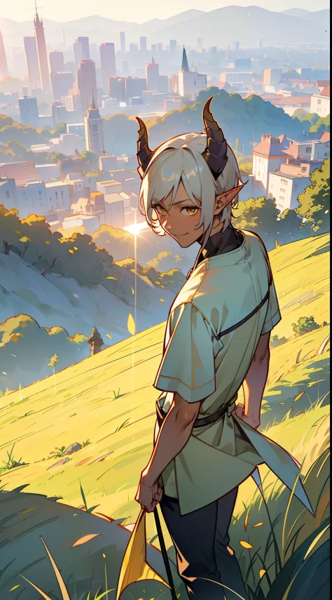 1boy,solo,smile,(tanned skin,medium body,male face),casual outfit,short hair,platinum blonde hair,yellow eyes,elves ears,horns,(...