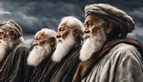 3 prophets Old men, long white beard, in profile, dark landscape, biblicalphotorealistic, 8k, super detail, accurate, best quali...