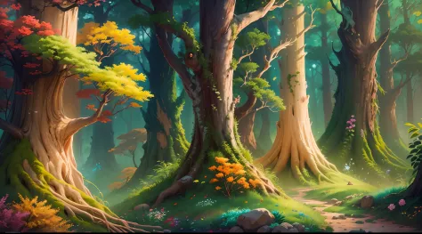 Uma imagem majestosa de uma floresta encantada. The trees are tall and imposing, With leaves that sparkle like gold in the sunlight. As flores, In all the colors of the rainbow, dancing in the wind, creating a magical and vibrant atmosphere. The image shou...