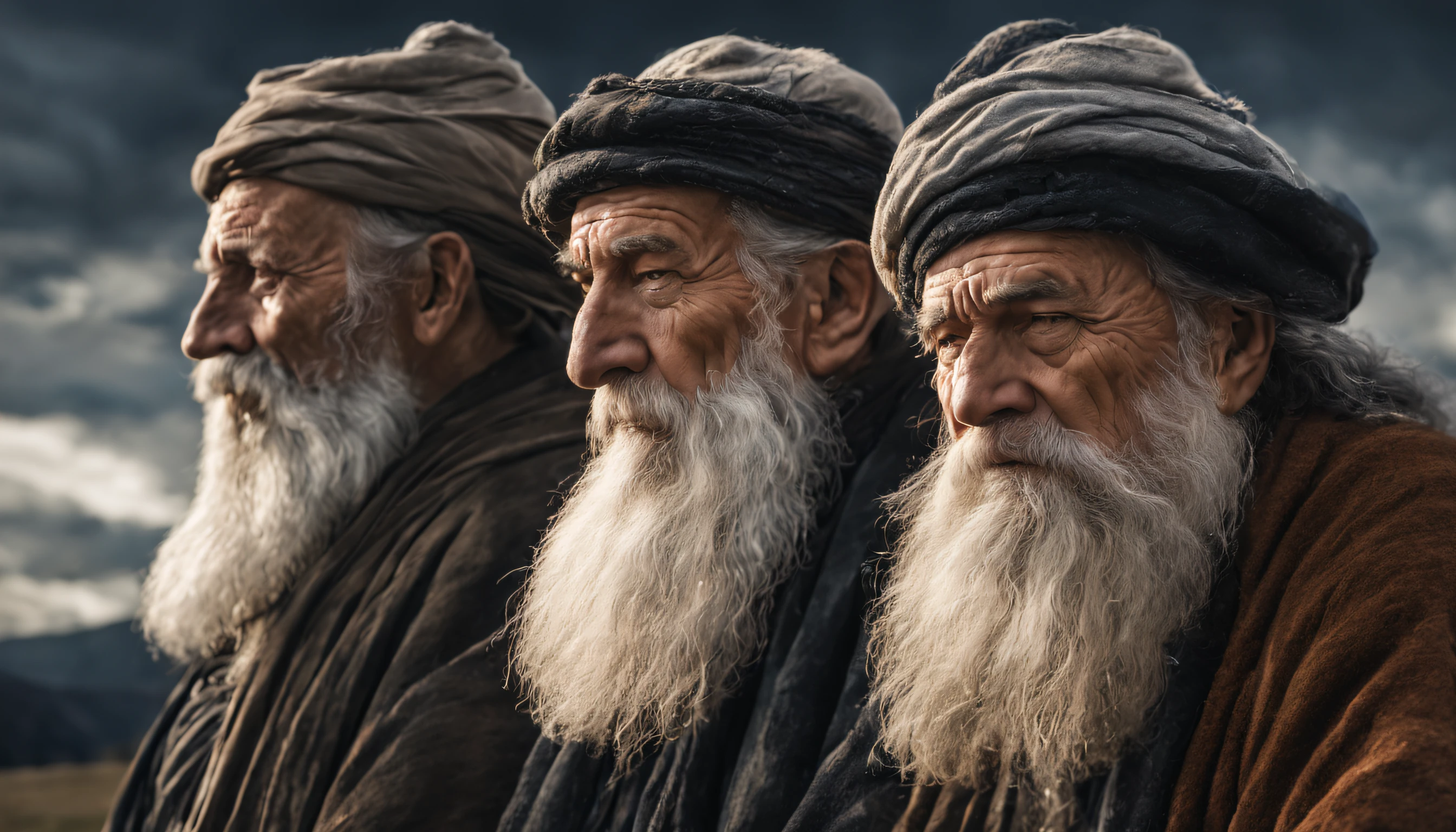 Trois prophètes Vieillards, longue barbe blanche, dans le profil, paysage sombre, bibliquephotoréaliste, 8k, Super détail, précis, Meilleure qualité.