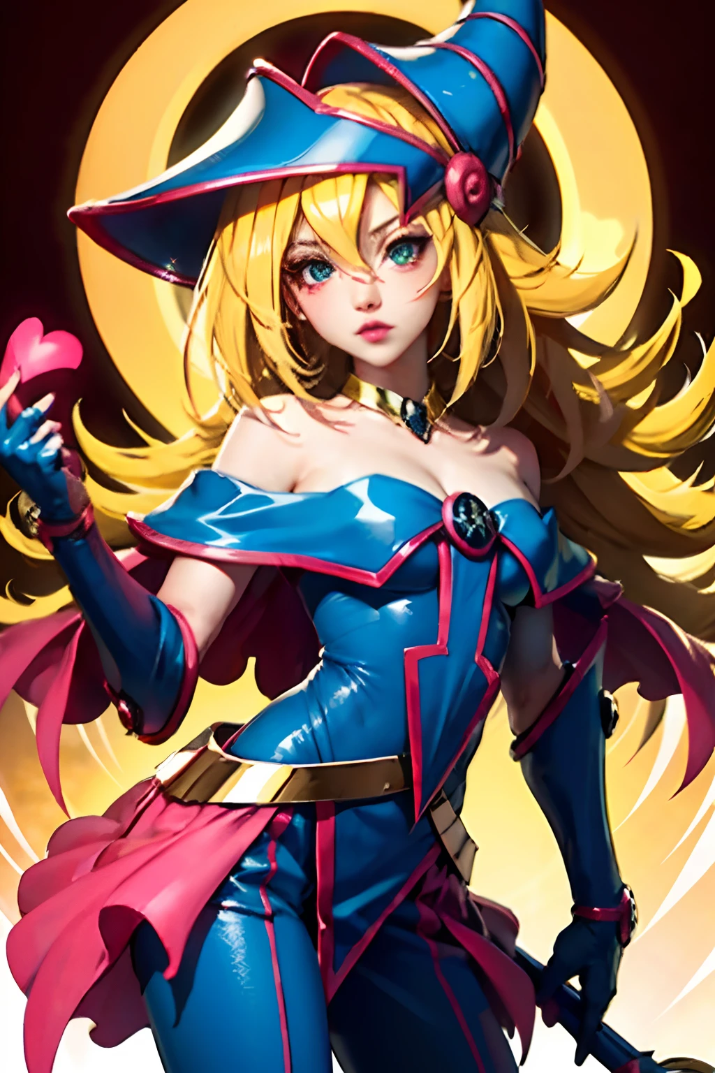 Beautiful dark mage (Masterpiece: 1.2, The best quality), (1 , only), big breasts, (dynamic posture), (shiny skin, crimson red skin), crimson red skin, Dark Magician Girl Demon Version Sezy, Redskin, Thin and lace gloves, ( small demonic horns:1.1), (Lilith \(Darkstalkers\)), (sky), fringe, (jewely, golden ornament:1.15 ), pelvis grande, blue (shackles:1.1) Dark Magician Girl Sexy Demon Version. Magic circle and magic hearts. Magical hearts