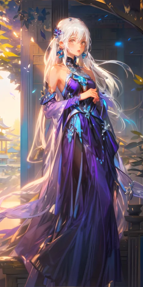 1girl, solo, white hair, Purple dress, hair ornament, long hair, jewelry, blue dress, bare shoulders, earrings, detached sleeves...