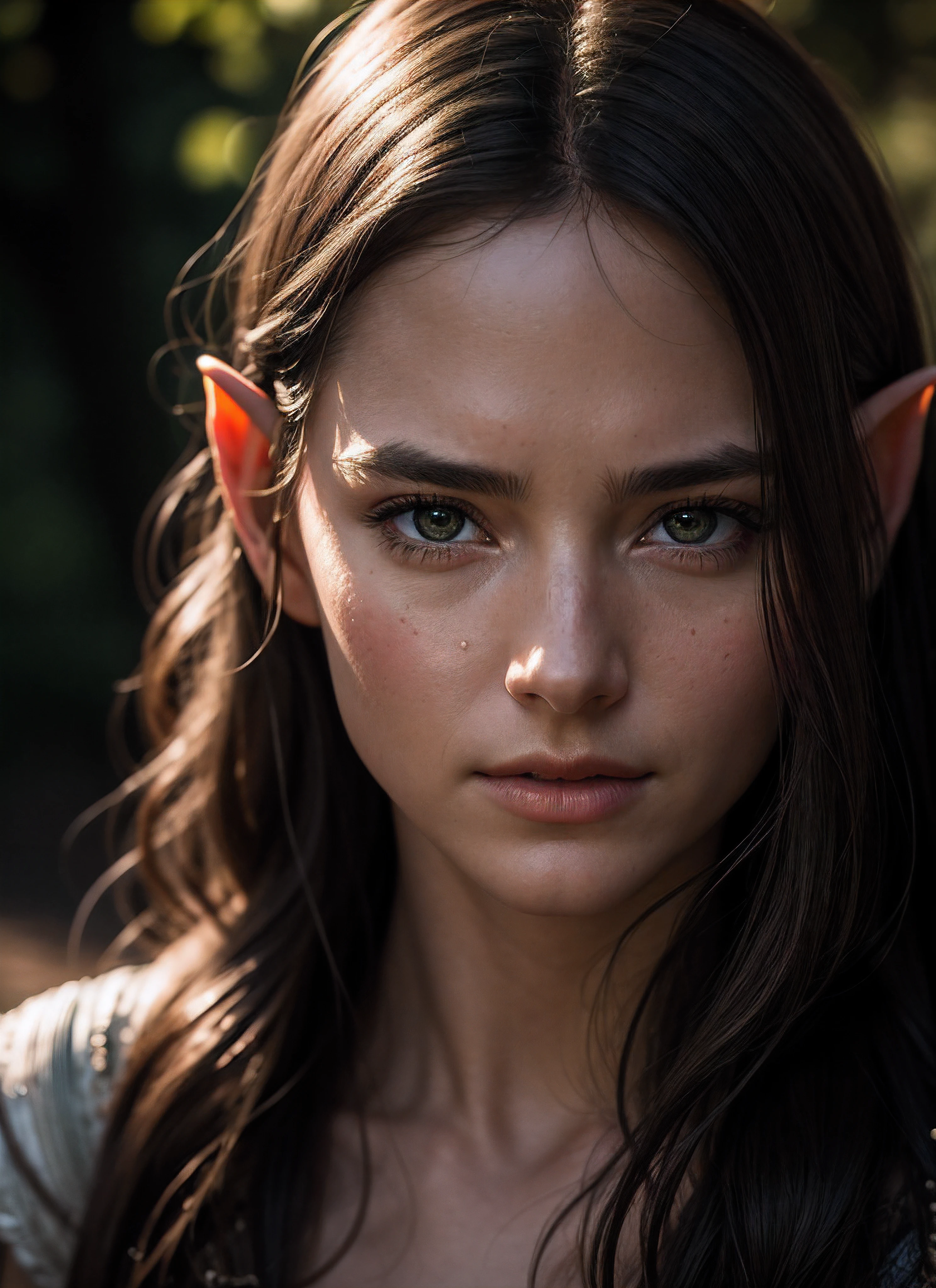 (detailed face, detailed eyes, clear skin, clear eyes), lotr, fantasy, elf, female, full body, looking at viewer, portrait, photography, detailed skin, realistic, photo-realistic, 8k, highly detailed, full length frame, High detail RAW color art, piercing, diffused soft lighting, shallow depth of field, sharp focus, hyperrealism, cinematic lighting