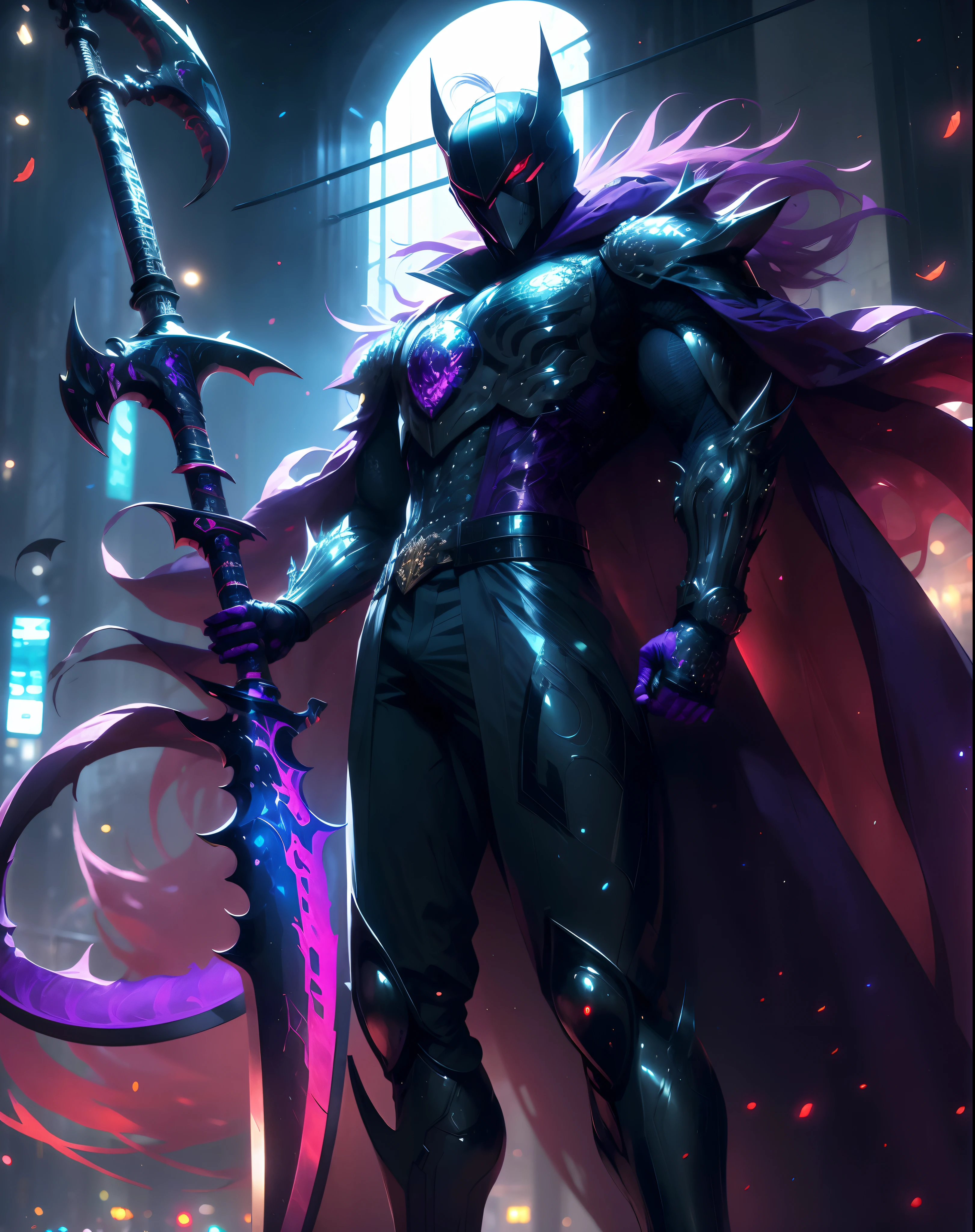 A man in a black suit holding a sword and a purple cape - SeaArt AI