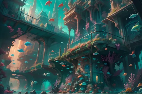 ((Need)), ((tmasterpiece)), (A detailed))，marvel universe，Colorful Atlantis City，Colorful underwater kingdom，Futuristic underwater city，Futuristic technology，Alien technology，Colorful magical sea creatures，Future cyberpunk，Surreal dreams，Surrealist art fan...