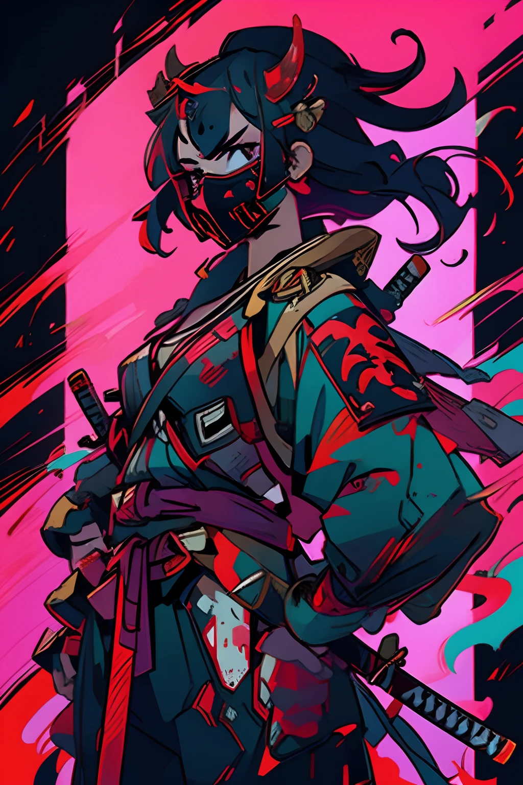 Woman, horns, battle armour, carrying katana,wearing demon mask, blood