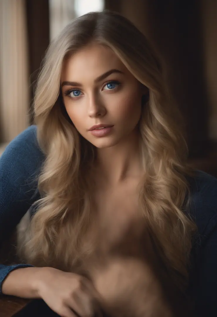 arafed woman fully , sexy girl with blue eyes, ultra realistic, meticulously detailed, portrait sophie mudd, blonde hair and large eyes, selfie of a young woman, bedroom eyes, violet myers, without makeup, natural makeup, looking directly at the camera, fa...