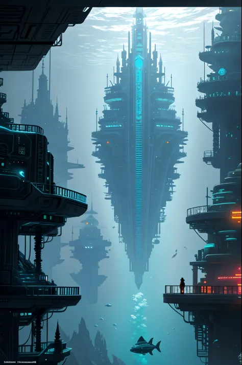 There is a large underwater futuristic wonderland，There are a lot of fish in it, an underwater city, futuristic underwater metropolis, an underwater city, Underwater market, deep sea cyberpunk, cyberpunk atlantis, Stylized urban fantasy artwork, underwater...