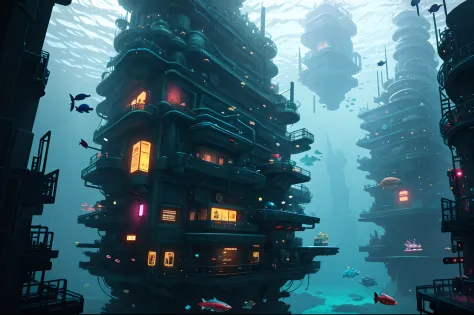 There is a large underwater futuristic wonderland，There are a lot of fish in it, an underwater city, futuristic underwater metropolis, an underwater city, Underwater market, deep sea cyberpunk, cyberpunk atlantis, Stylized urban fantasy artwork, underwater...