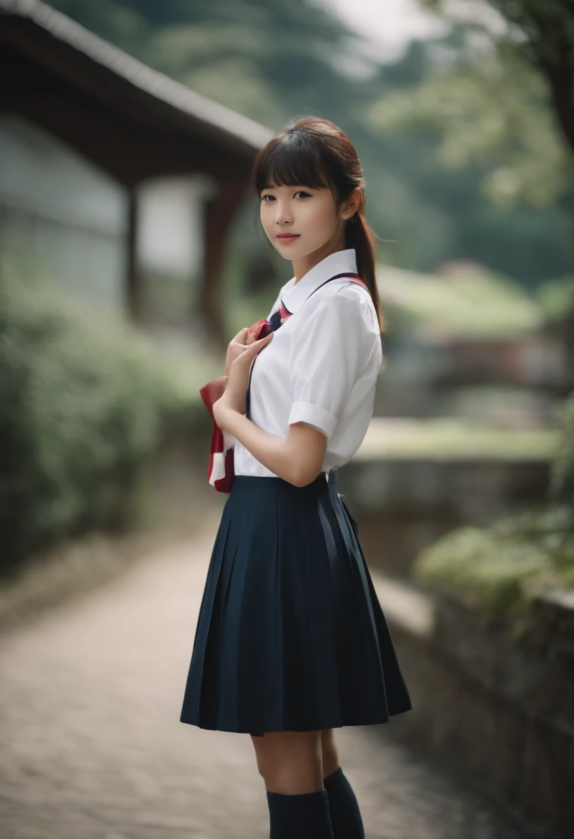 Girl in girls' school uniform in white Japan，Extremely high image quality，Cinematic film texture，Photorealsitic，Nikkei background，depth of fields，Qi bangs，二重まぶた，deepening of the tail of the eyes,，Wear a bracelet on your wrist，Scarlet lips，lips are shiny and、It has a texture，Fine skin texture，brown sparkling pupils，delicate finger，(((Small lips)))