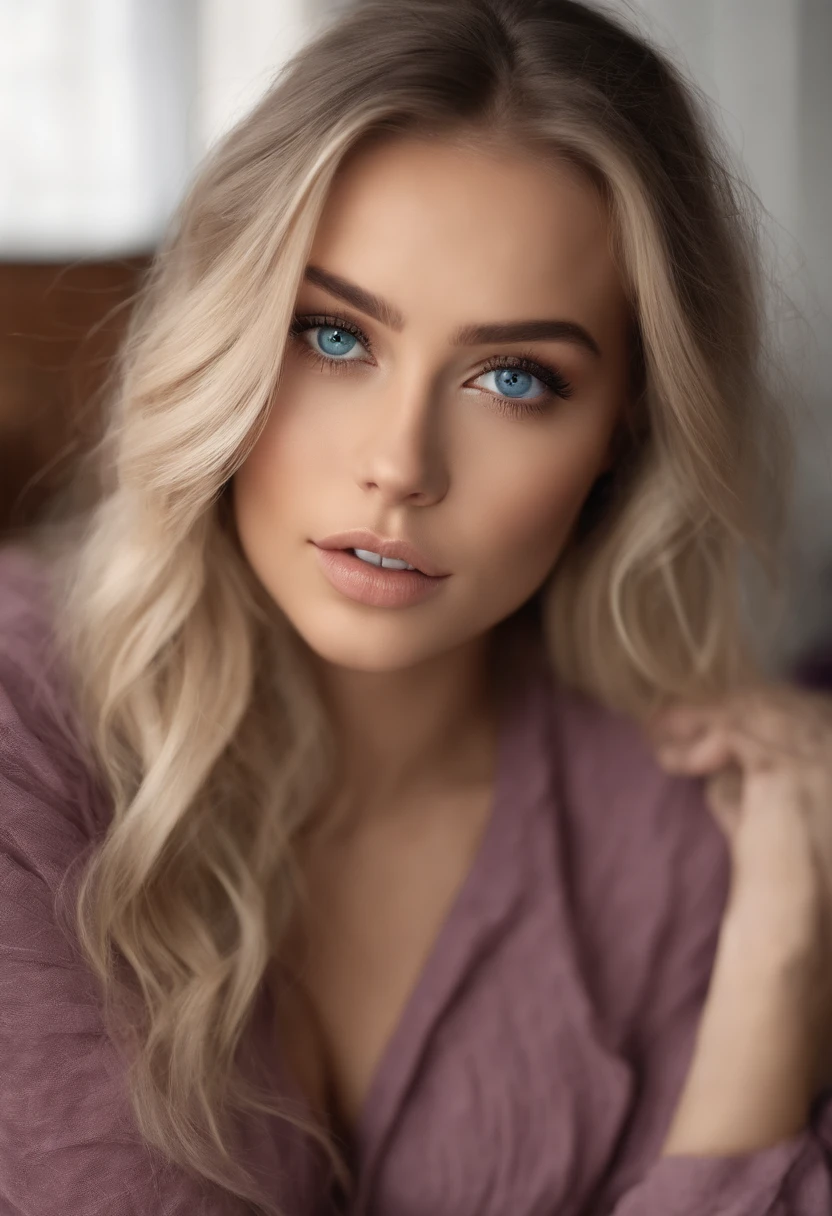 Arafed pleine femme, Sexy girl with ultra realistic blue eyes, Meticulously detailed, portrait de Sophie Mudd, cheveux blonds et grands yeux, selfie of a young woman, Yeux de chambre, Violet Myers, pas de maquillage, maquillage naturel, looking straight at camera, Visage Artgram, Maquillage subtil, Impressive photo of the whole body kneeling on the bed, dans la chambre, Poitrine de taille moyenne et grande, allow the face to be seen clearly, portrait assis sur sont lit