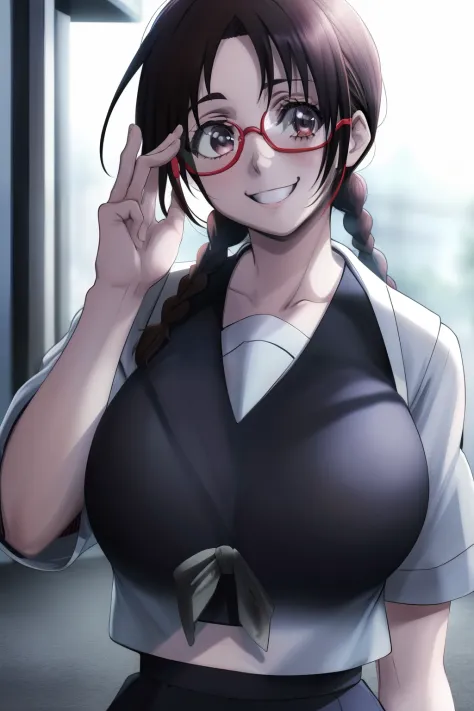 1girl, masterpice, high quality, best quality, good anime picture, misaki, ((school uniform)), ((serafuku)), twin braids, ((collar)), hair ornament, upper body, big breasts, dynamic light and shadows, smile, (adjusting eyewear:1.2), multicolor outfit,