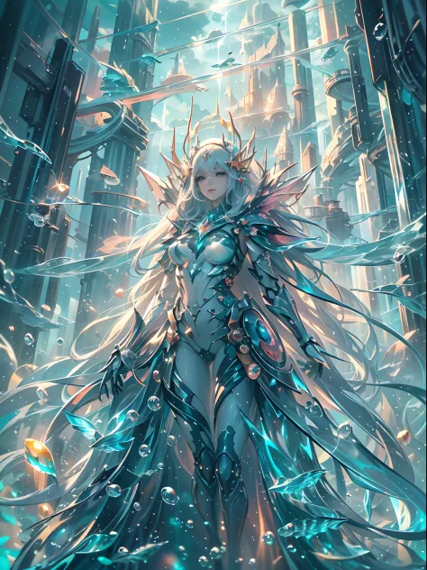 ((Need)), ((tmasterpiece)), (A detailed)),Futuristic translucent ethereal queen of the sea，Futuristic city and futuristic wonder...