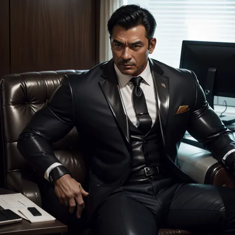50 years old,daddy,shiny suit sit down,k hd,in the office,muscle, gay ,black hair,asia face,masculine,strong man,the boss is,han...