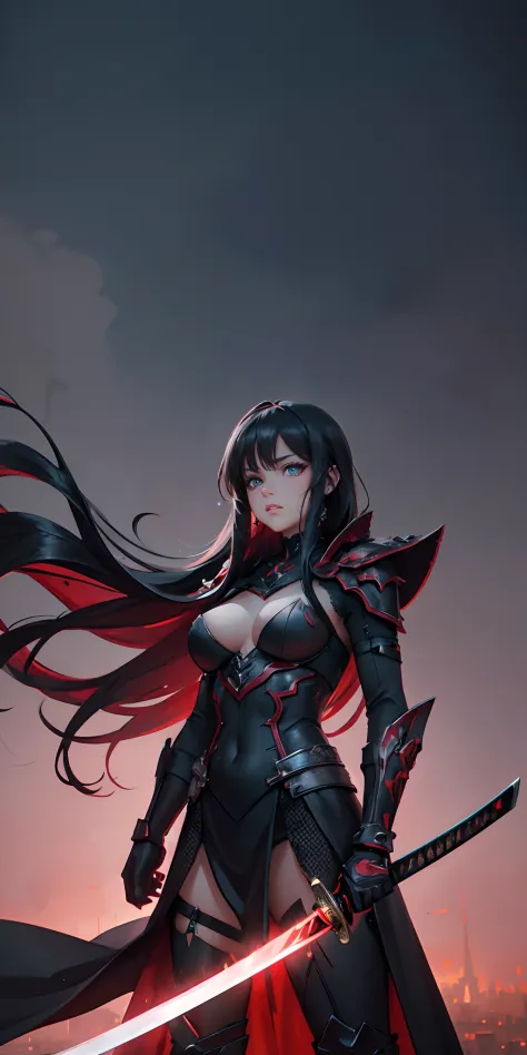 A fierce warrior, clad in sleek, ebony armor adorned with intricate crimson accents, stands defiantly on a precipice overlooking a sprawling, dystopian city. The warrior's crimson eyes blaze with determination, and their obsidian hair flows like a dark wat...