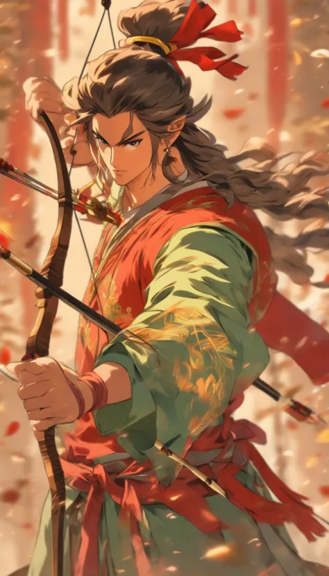 (((Man Holding a Bow))) best quality, ultra-high resolution, 4K detailed CG, master piece,Man,Chinese clothing, Chinese mythology, ((bow and arrow in hands)),Chinese painting style,Shui Mo Hua,Thangka Style, Aesthetics, screen-centered