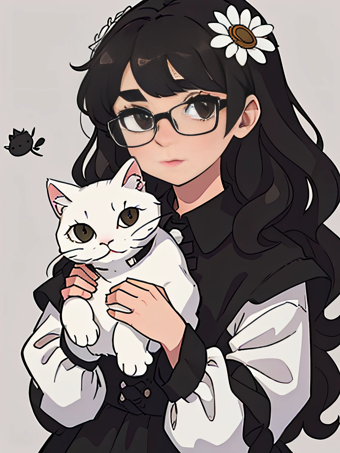 Anime girl with glasses holding a white cat in her arms - SeaArt AI