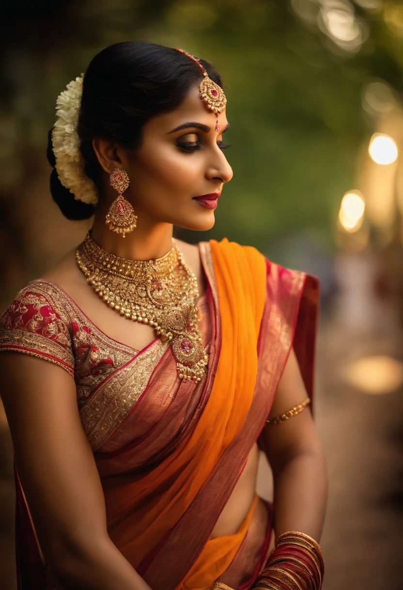 A woman in a sari and jewellery poses for a photo - SeaArt AI