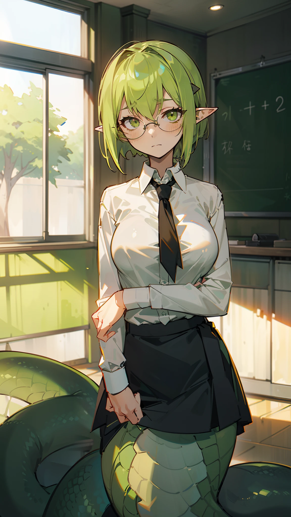 1gitl,solo,40s,((lamia tails)),light green hair,timid face,glasses,short hair,((white shirt,black tie,black skirt)),medium ,pointy ears,light green eyes,(((in front of classroom)),cowboy shot,hidden arms