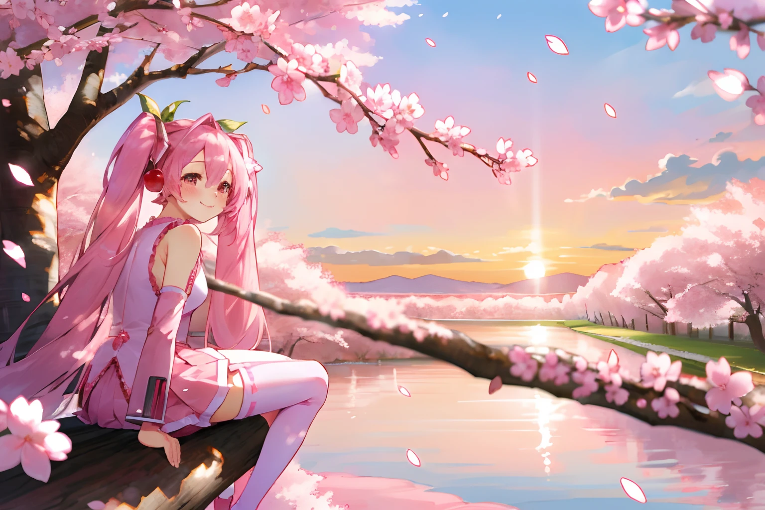 sakuramiku, upper body, smile, blush, sitting, from behind, ((cherry blossoms)), sitting in tree, ((pink sleeve)), full body, pink tone, ((pink stockings)), pink sky, looking away, sunset,