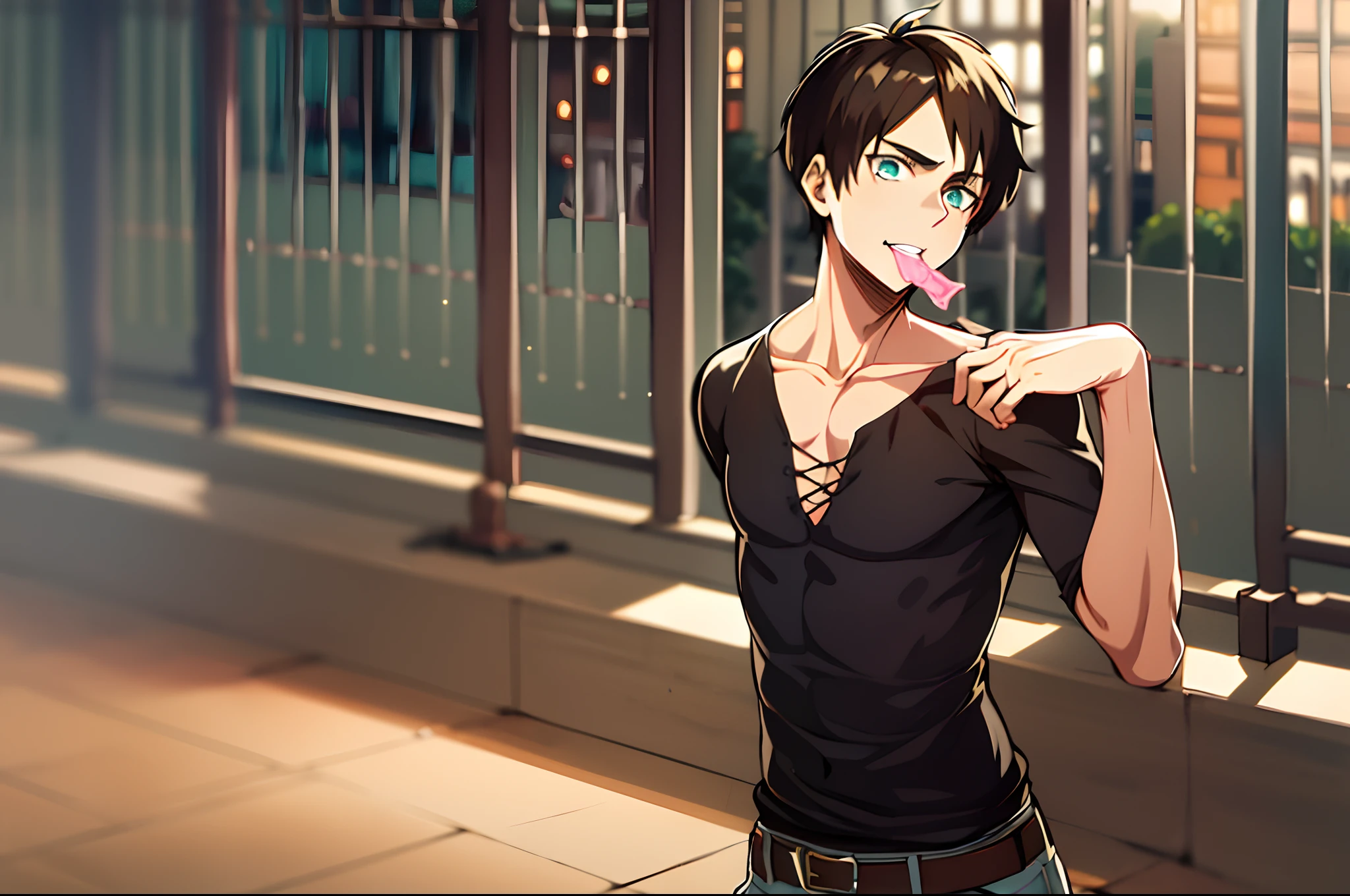 Anime guy with a toothbrush in his mouth standing in front of a fence -  SeaArt AI