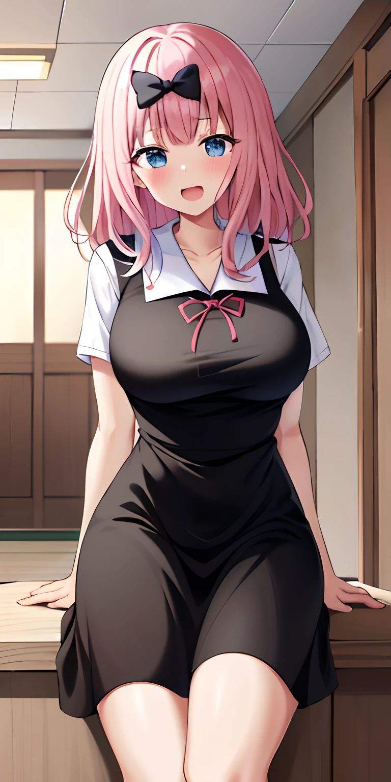 Anime girl sitting on a counter with a black dress and pink hair - SeaArt AI