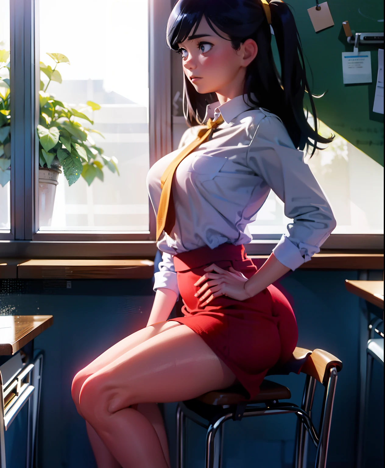 (best quality,highres),thick,shy girl sitting in a classroom, in , beautiful detailed eyes and face, long eyelashes, pensive expression, diligently doing school work. Crisp focus on the girl, capturing her intricate features and the fine details of her face. Soft lighting illuminates the classroom, creating a serene and tranquil atmosphere. The girl's thick figure is accentuated by the way she sits, exuding a gentle presence. The artwork exhibits a realistic style, with vivid colors and a warm color palette that adds depth to the scene. The girl's shy demeanor is complemented by her posture, slightly hunched over her books, immersed in her studies. The classroom is filled with academic paraphernalia, including textbooks, papers, and a chalkboard in the background, emphasizing the educational setting. Overall, the artwork portrays a peaceful moment of a self-conscious girl engrossed in her studies, inviting viewers to appreciate the beauty of academia and the individuality of each student, super thick, revealing clothes, hentai pic, giant ass, young 20 of age,