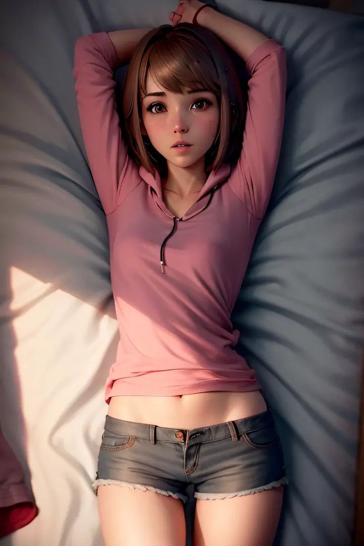 Max Caulfield, small breasts, lying on bed, look from aside, arms under pillow, on bed, bedroom, warm light, clothes, pink t-shi...