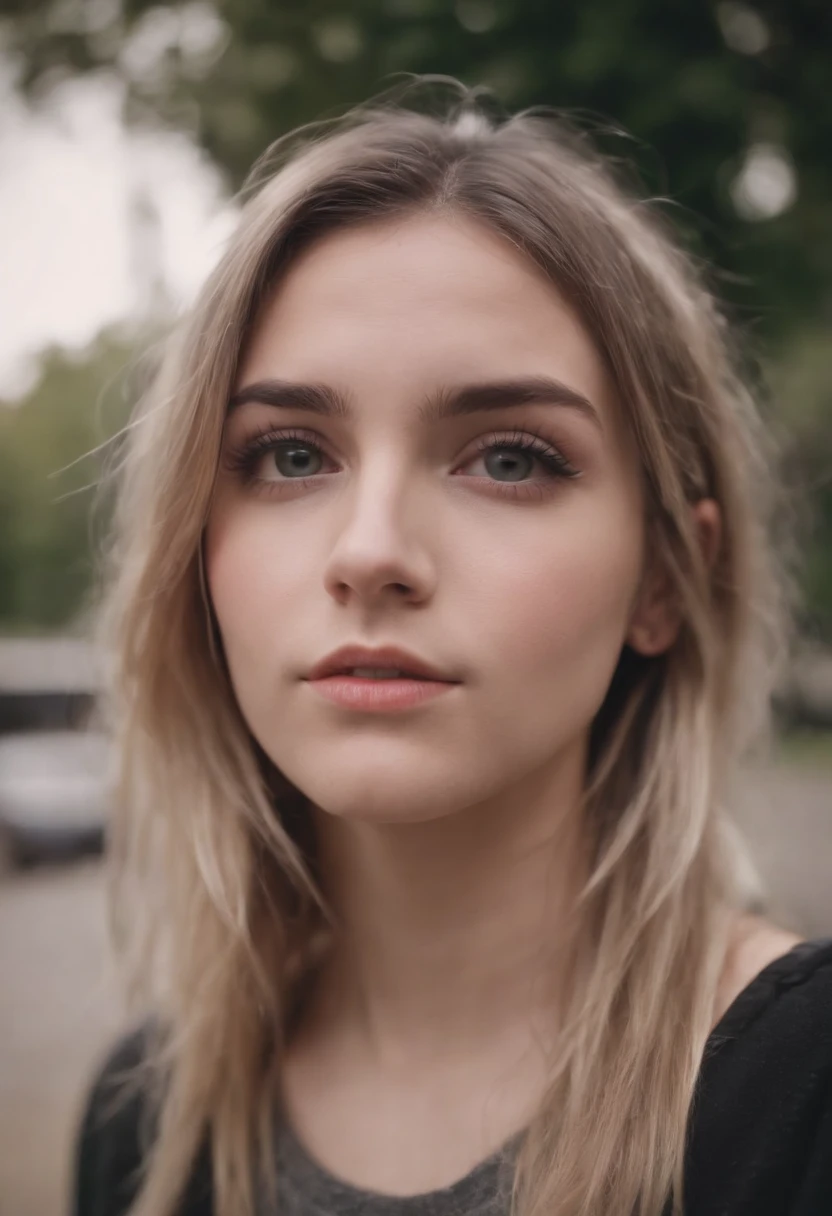 A close up of a woman with long blonde hair and a black shirt - SeaArt AI