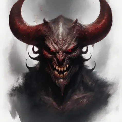 A painting of a horned devil man with a bloodied face and a bloodied head,  grinning , carnage, Sci - Horror Art of Fiction, Science fiction horror artwork, inspired by Aleksi Briclot, satan de carnage, Horror fantasy art, par Aleksi Briclot, Horror concep...