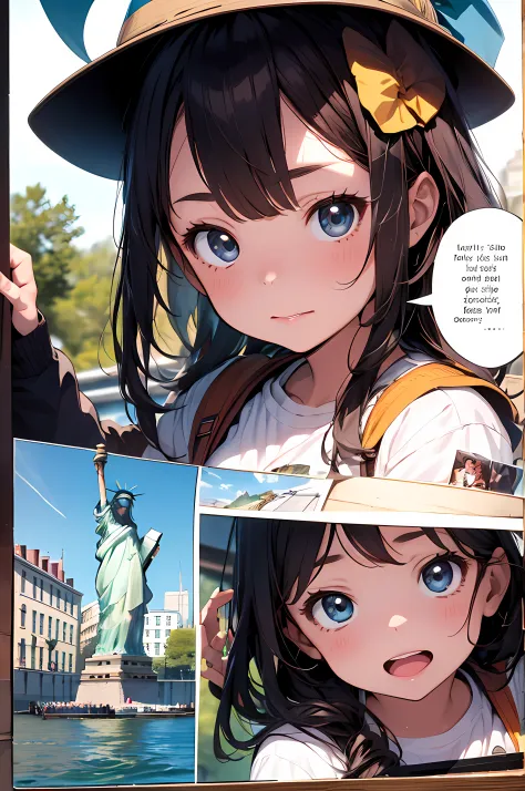comic_book_layout:1.3, a little girl goes to the statue of liberty