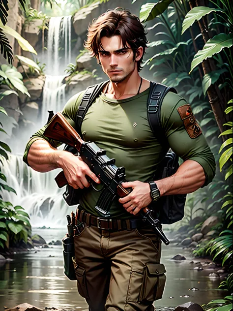 1man, male focus, deep brown hair, short hair, hazel eyes, brown t-shirt, brown cargo pants, black boots, shoulder holster, kala...