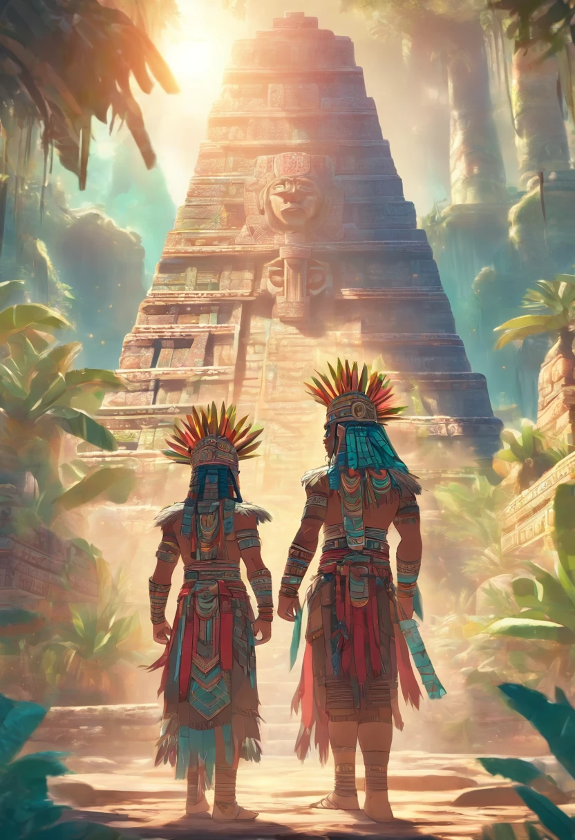 (((Mayan Twins))) best quality, ultra-high resolution, 4K detailed CG, masterpiece, Hun-Hunahpu, Xbalanque,two men, temple, Mayan clothing, Mayan mythology, cactus, stream, desert, sunlight , Mexico, aesthetics, Beautiful image, centered on the screen