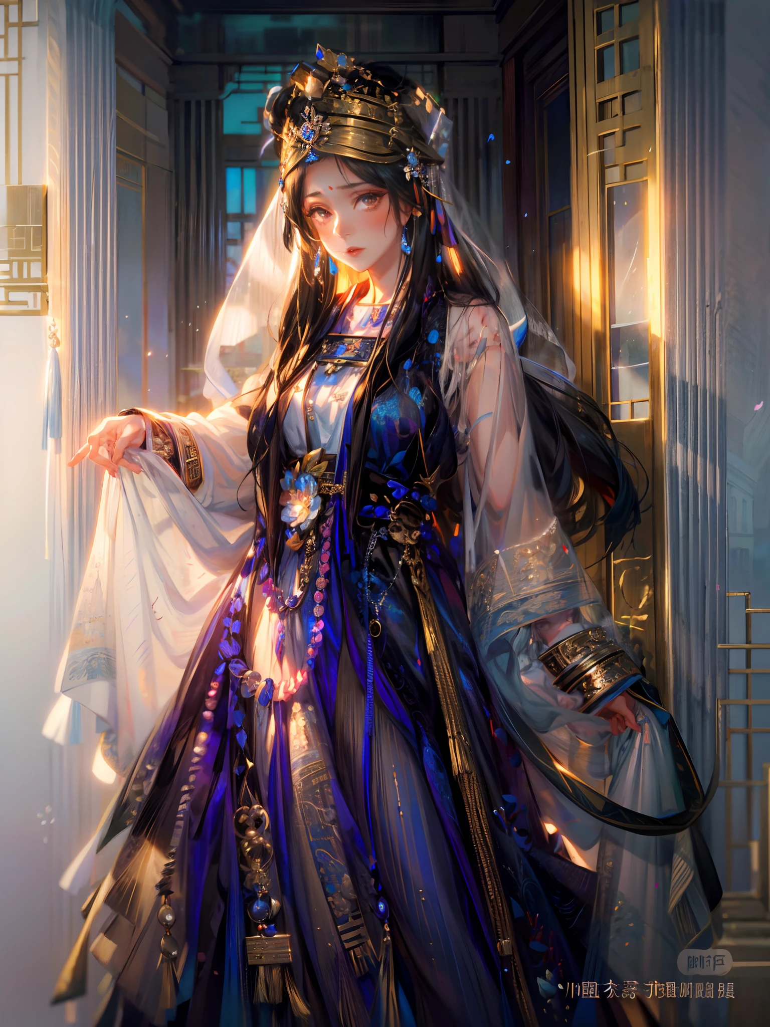 Eine schwarzhaarige Arad-Frau stand in der Tür, Palast ， weißer Hanfu,Etuikleider， das Tragen antiker chinesischer Kleidung, Hanfu, eine wunderschöne Fantasiekaiserin, ((eine wunderschöne Fantasiekaiserin)), Alte chinesische Prinzessin, wallendes Haar und lange Gewänder, altes weißes Kleid, fließendes magisches Gewand, traditionelle chinesische Kleidung，Blauer zarter Gürtel